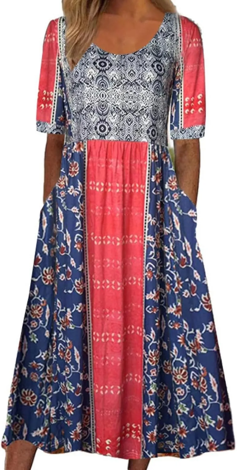 Women's Boho Dress Floral Flowy A Line Swing Casual Long Dress 3/4 Puff Sleeve Midi Loose Summer Beach Dresses with Pockets