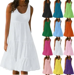 Women's Boho Dresses 2025 Trendy Solid Loose Flowy Swing Casual Sundress Sleeveless Scoop Neck Ruched Beach Dress