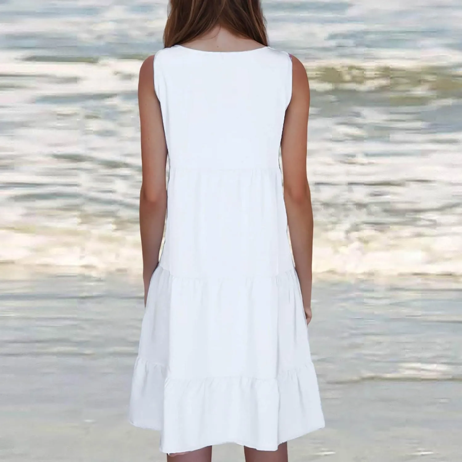 Women's Boho Dresses 2025 Trendy Solid Loose Flowy Swing Casual Sundress Sleeveless Scoop Neck Ruched Beach Dress