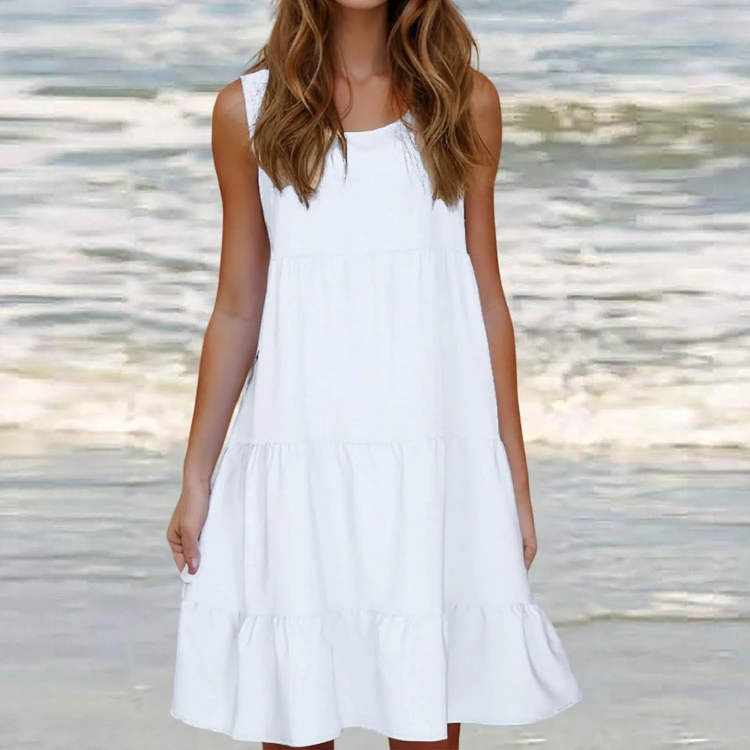 Women's Boho Dresses 2025 Trendy Solid Loose Flowy Swing Casual Sundress Sleeveless Scoop Neck Ruched Beach Dress