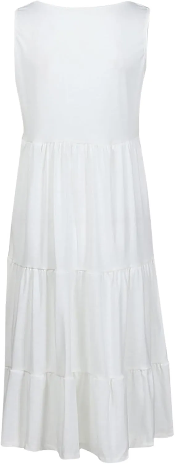 Women's Boho Dresses 2025 Trendy Solid Loose Flowy Swing Casual Sundress Sleeveless Scoop Neck Ruched Beach Dress