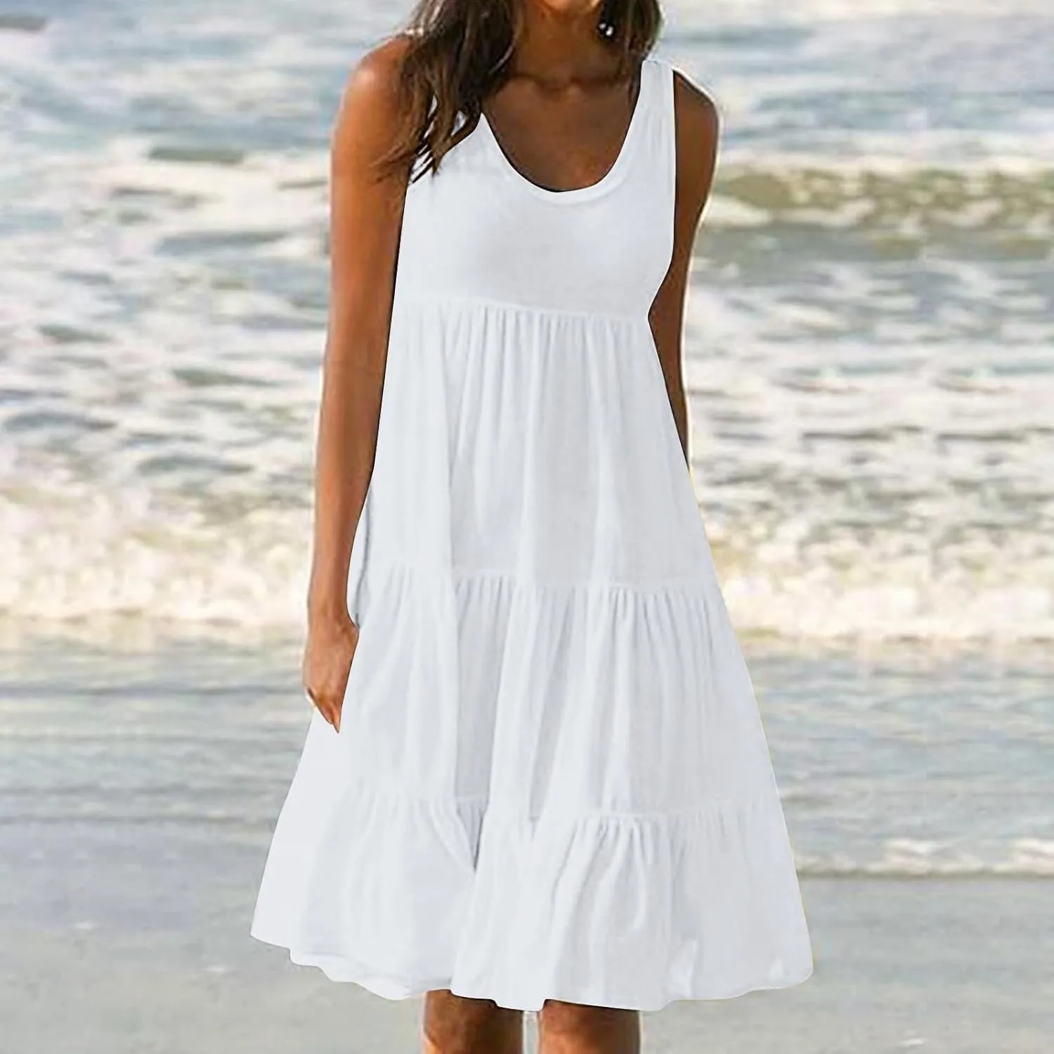 Women's Boho Dresses 2025 Trendy Solid Loose Flowy Swing Casual Sundress Sleeveless Scoop Neck Ruched Beach Dress