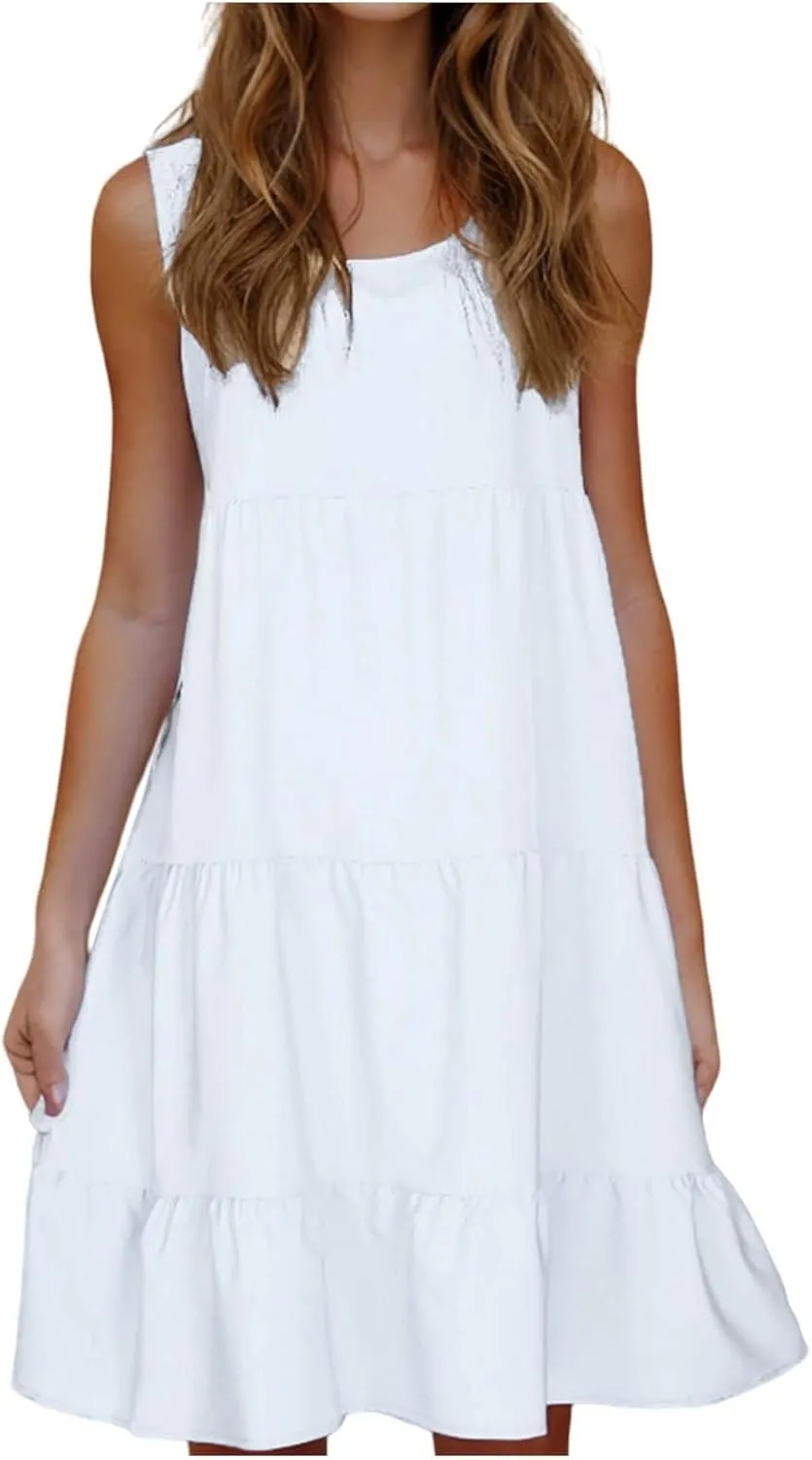 Women's Boho Dresses 2025 Trendy Solid Loose Flowy Swing Casual Sundress Sleeveless Scoop Neck Ruched Beach Dress