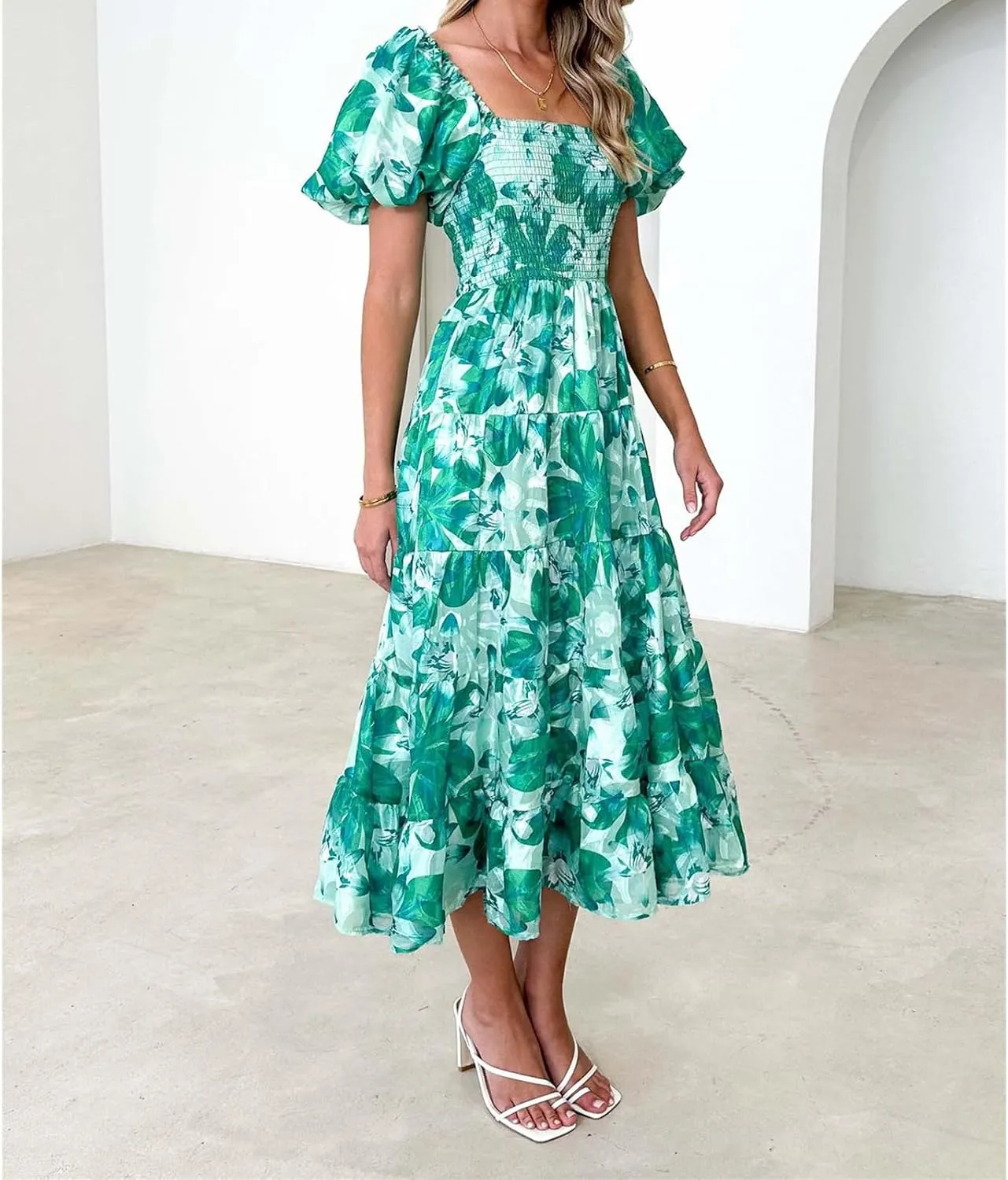 Womens Boho Floral Dress Long Square Neck Puff Short Sleeve Dress Casual Flowy Beach Vacation Sundress