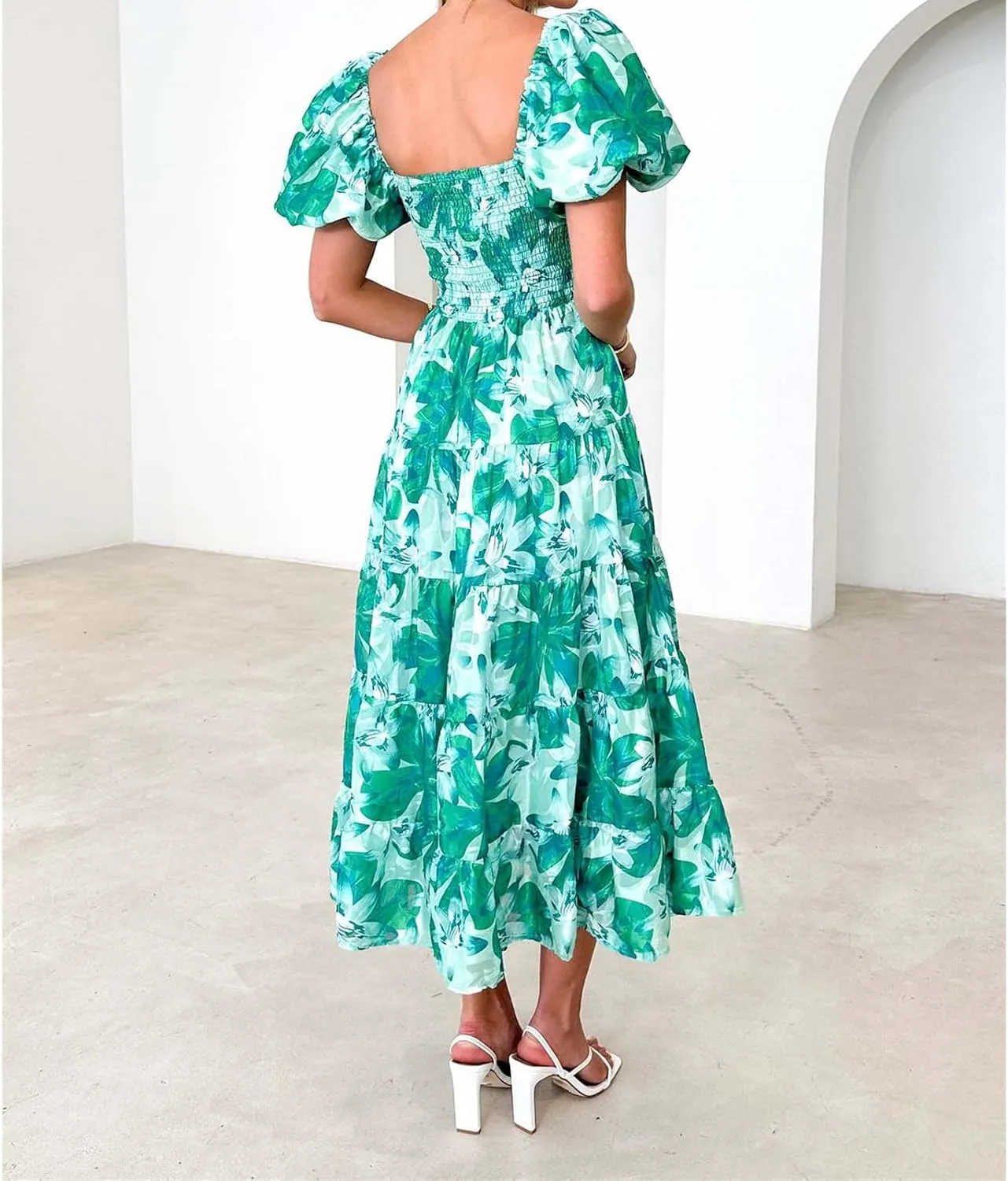 Womens Boho Floral Dress Long Square Neck Puff Short Sleeve Dress Casual Flowy Beach Vacation Sundress