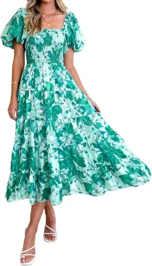 Womens Boho Floral Dress Long Square Neck Puff Short Sleeve Dress Casual Flowy Beach Vacation Sundress