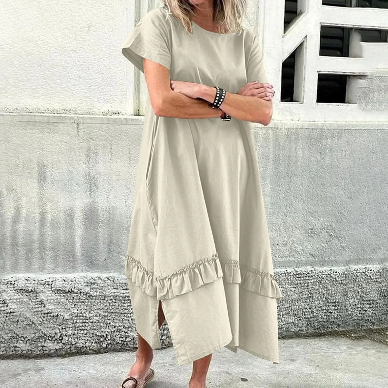 Womens Boho Floral Flowy Midi Dresses Casual Loose Summer Short Sleeve Beach Dress with Pockets Side Slit Spring Clothes 2025
