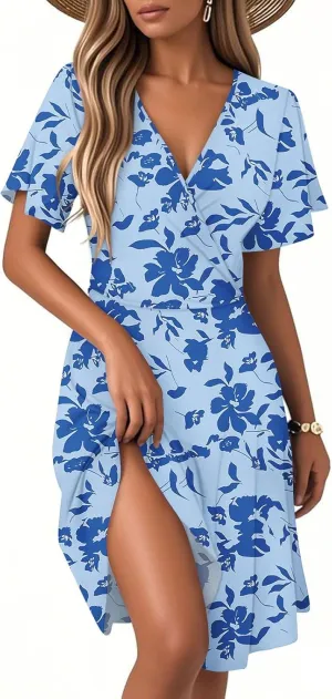 Women's Boho Floral Knee Length Summer Sundresses, V-Neck Short Sleeve High Waist Loose Fit Casual Beach Dress