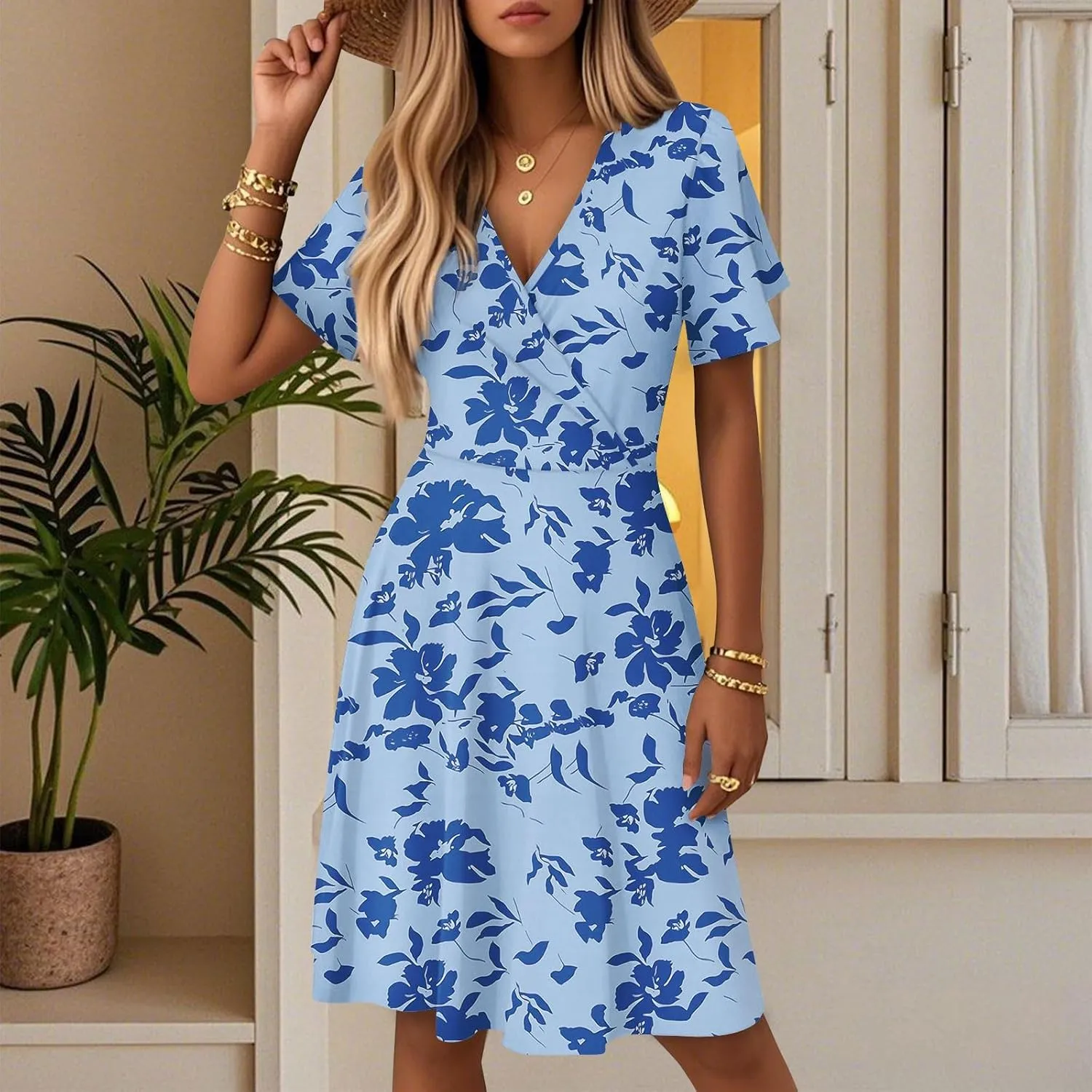Women's Boho Floral Knee Length Summer Sundresses, V-Neck Short Sleeve High Waist Loose Fit Casual Beach Dress