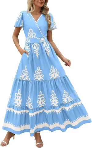 Womens Boho Floral Summer Maxi Dress Casual Aline V Neck Bell Sleeve Tiered Flowy Dresses for Women 2025
