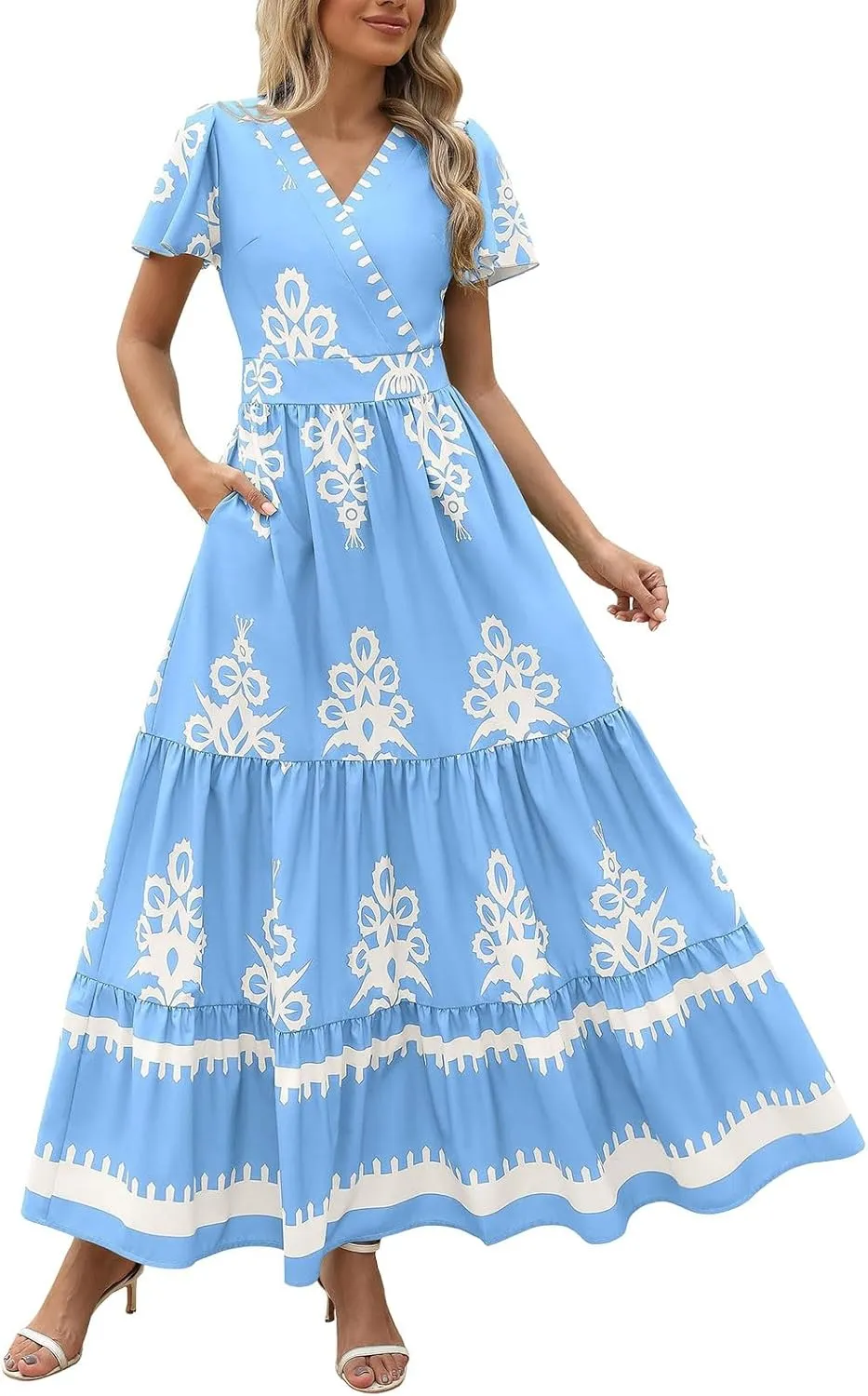 Womens Boho Floral Summer Maxi Dress Casual Aline V Neck Bell Sleeve Tiered Flowy Dresses for Women 2025
