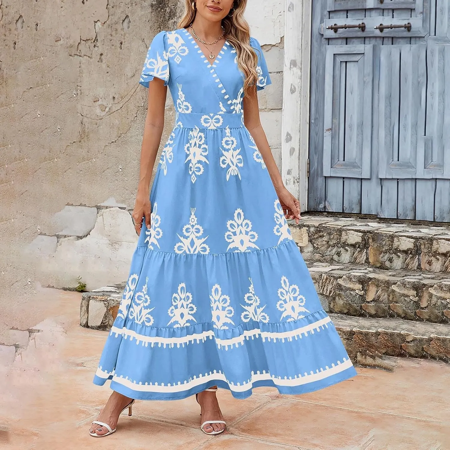 Womens Boho Floral Summer Maxi Dress Casual Aline V Neck Bell Sleeve Tiered Flowy Dresses for Women 2025