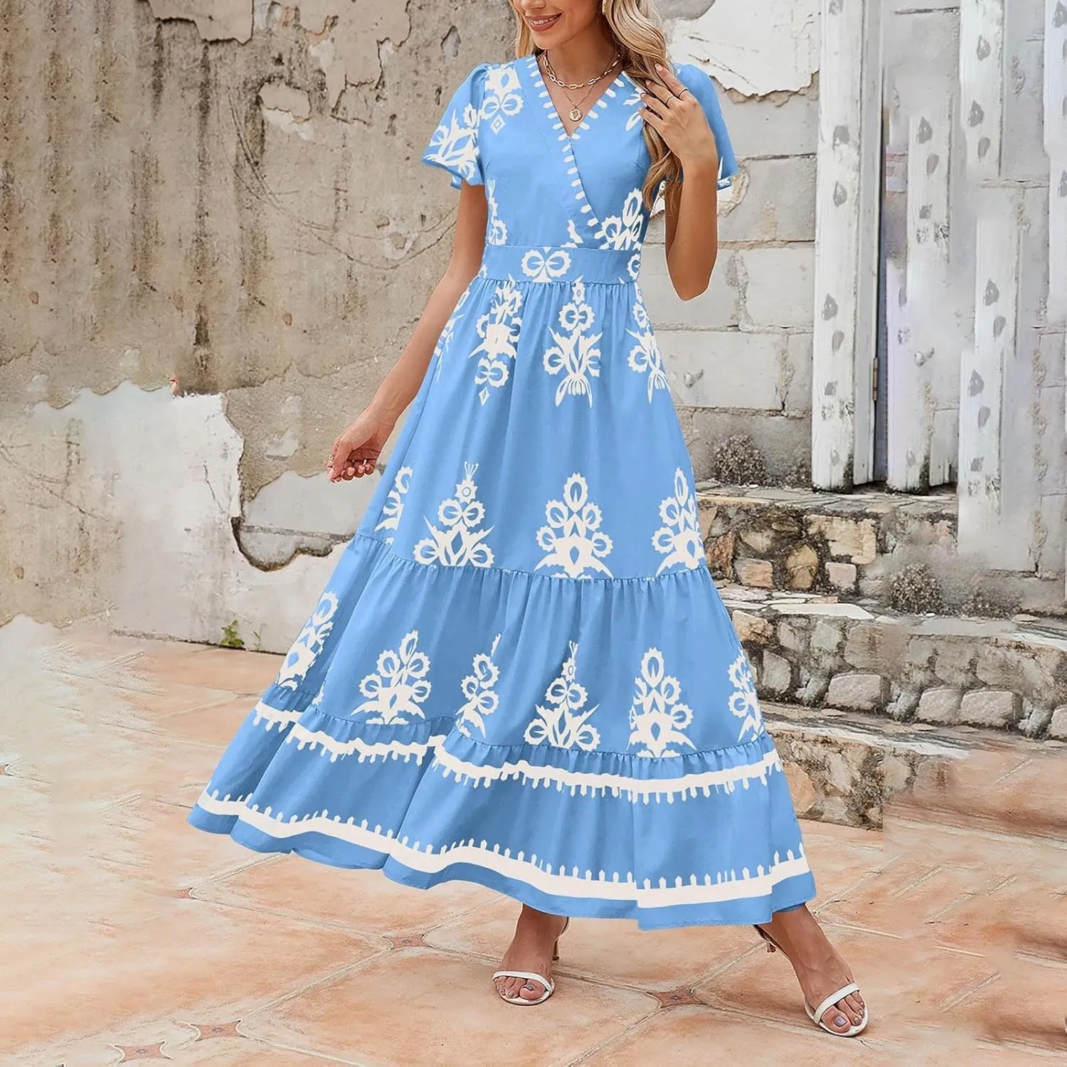 Womens Boho Floral Summer Maxi Dress Casual Aline V Neck Bell Sleeve Tiered Flowy Dresses for Women 2025