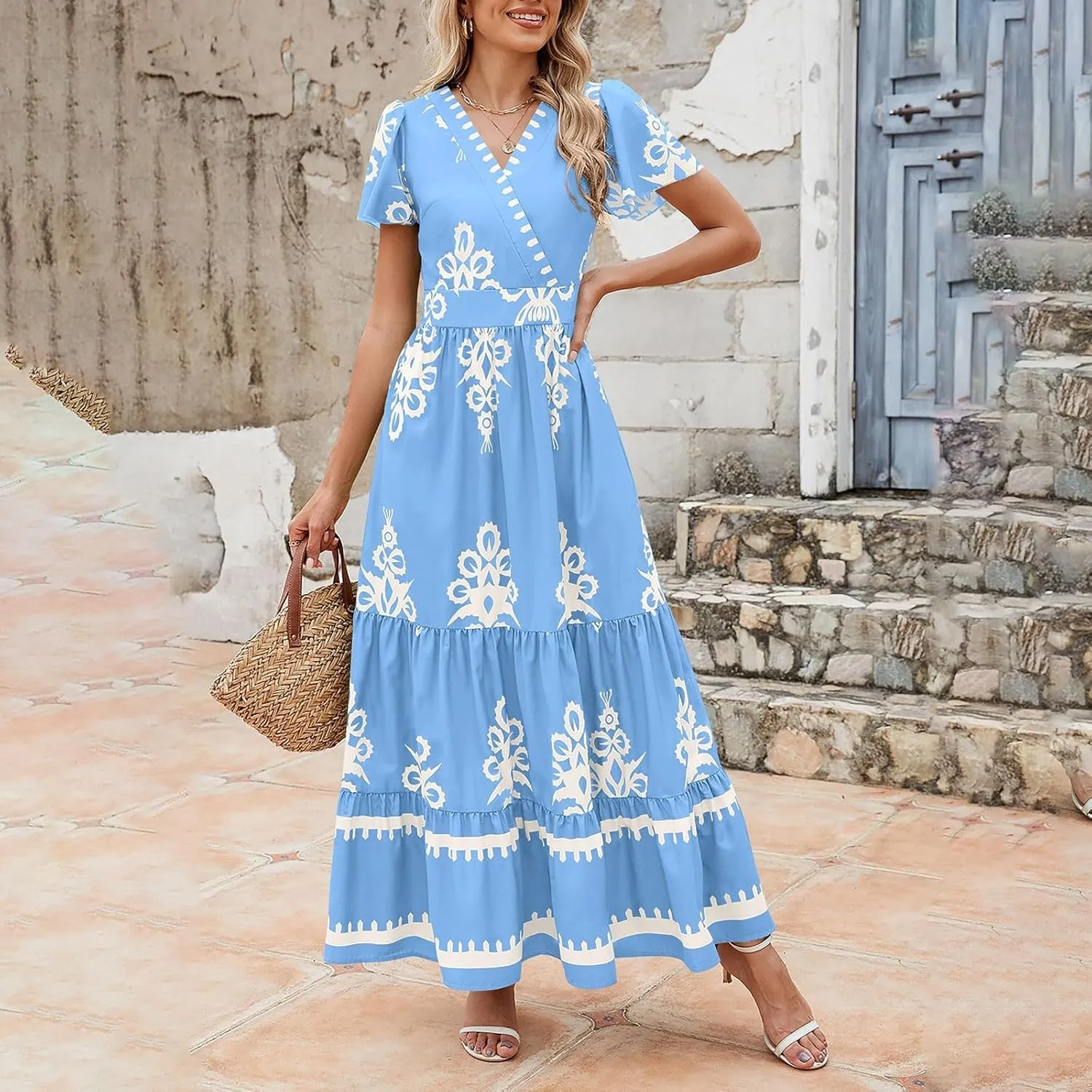 Womens Boho Floral Summer Maxi Dress Casual Aline V Neck Bell Sleeve Tiered Flowy Dresses for Women 2025