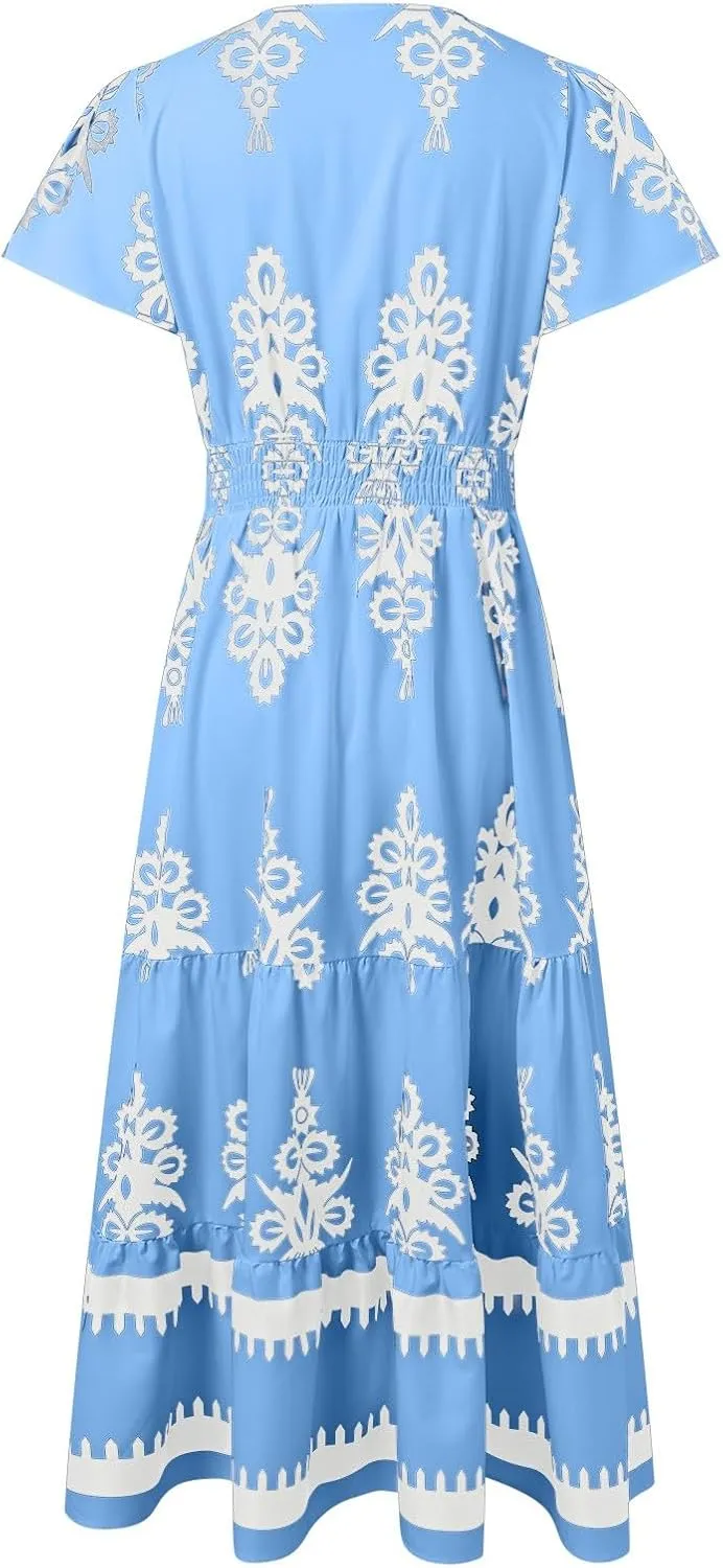 Womens Boho Floral Summer Maxi Dress Casual Aline V Neck Bell Sleeve Tiered Flowy Dresses for Women 2025