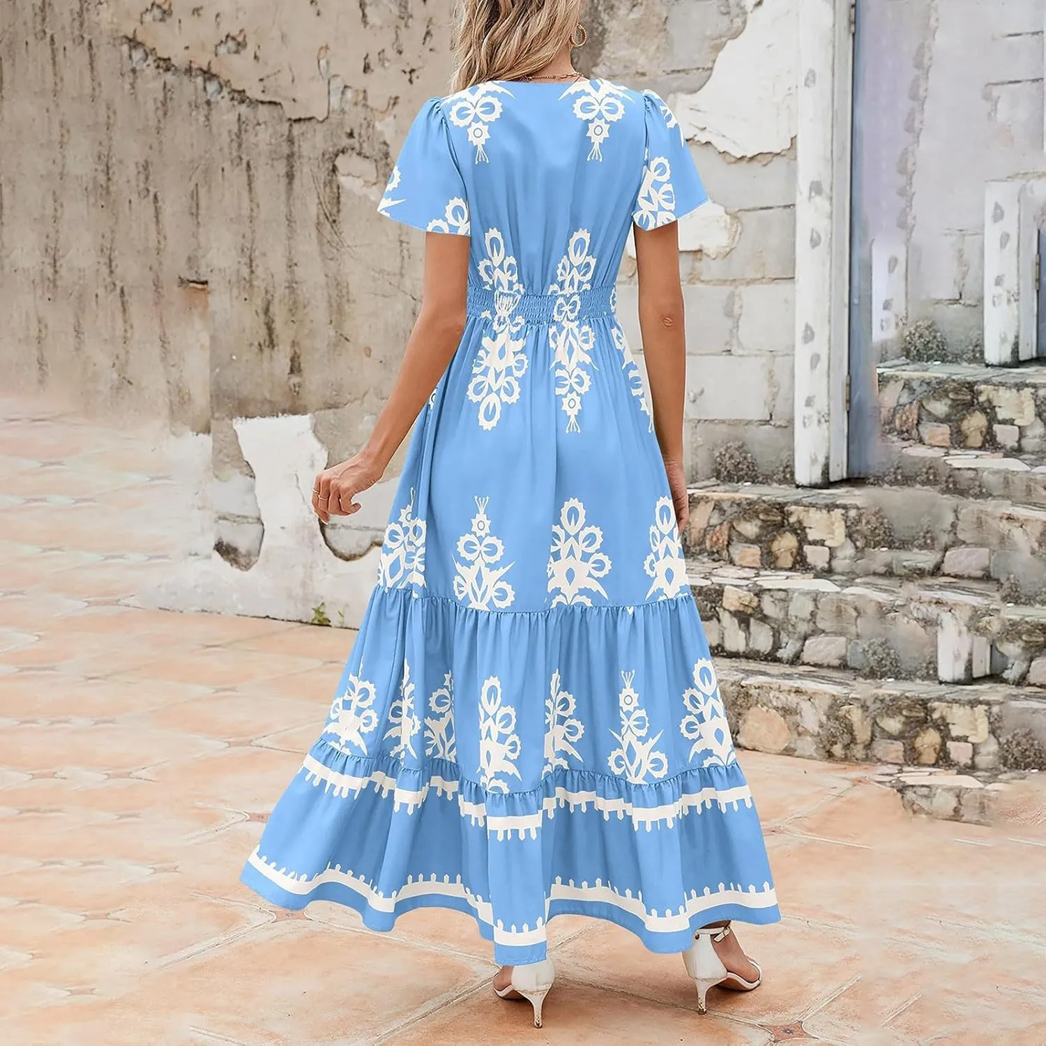 Womens Boho Floral Summer Maxi Dress Casual Aline V Neck Bell Sleeve Tiered Flowy Dresses for Women 2025