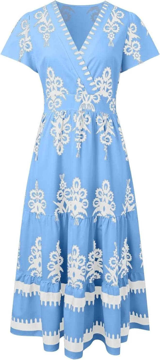 Womens Boho Floral Summer Maxi Dress Casual Aline V Neck Bell Sleeve Tiered Flowy Dresses for Women 2025