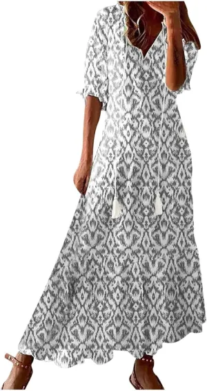 Womens Boho Flowy Maxi Dresses 2024 Summer V Neck Short Sleeve Bohemian Casual Beach Vacation Tropical Hawaiian Sundress