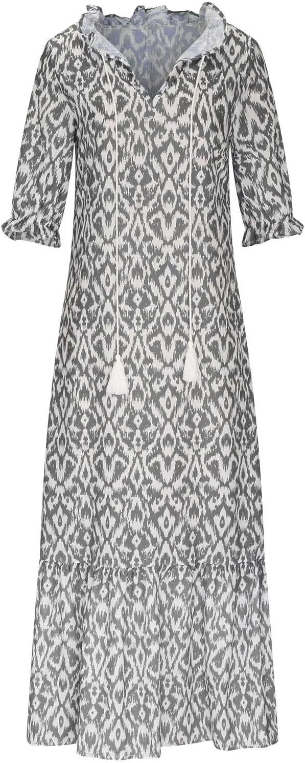 Womens Boho Flowy Maxi Dresses 2024 Summer V Neck Short Sleeve Bohemian Casual Beach Vacation Tropical Hawaiian Sundress