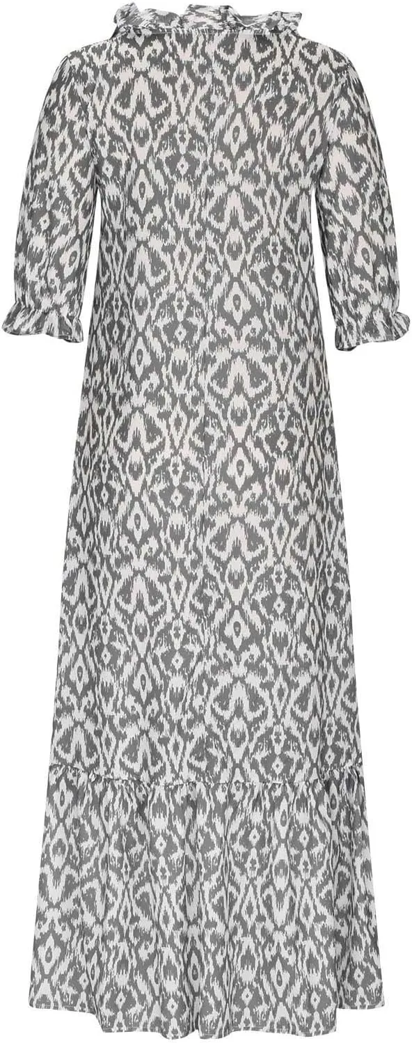 Womens Boho Flowy Maxi Dresses 2024 Summer V Neck Short Sleeve Bohemian Casual Beach Vacation Tropical Hawaiian Sundress