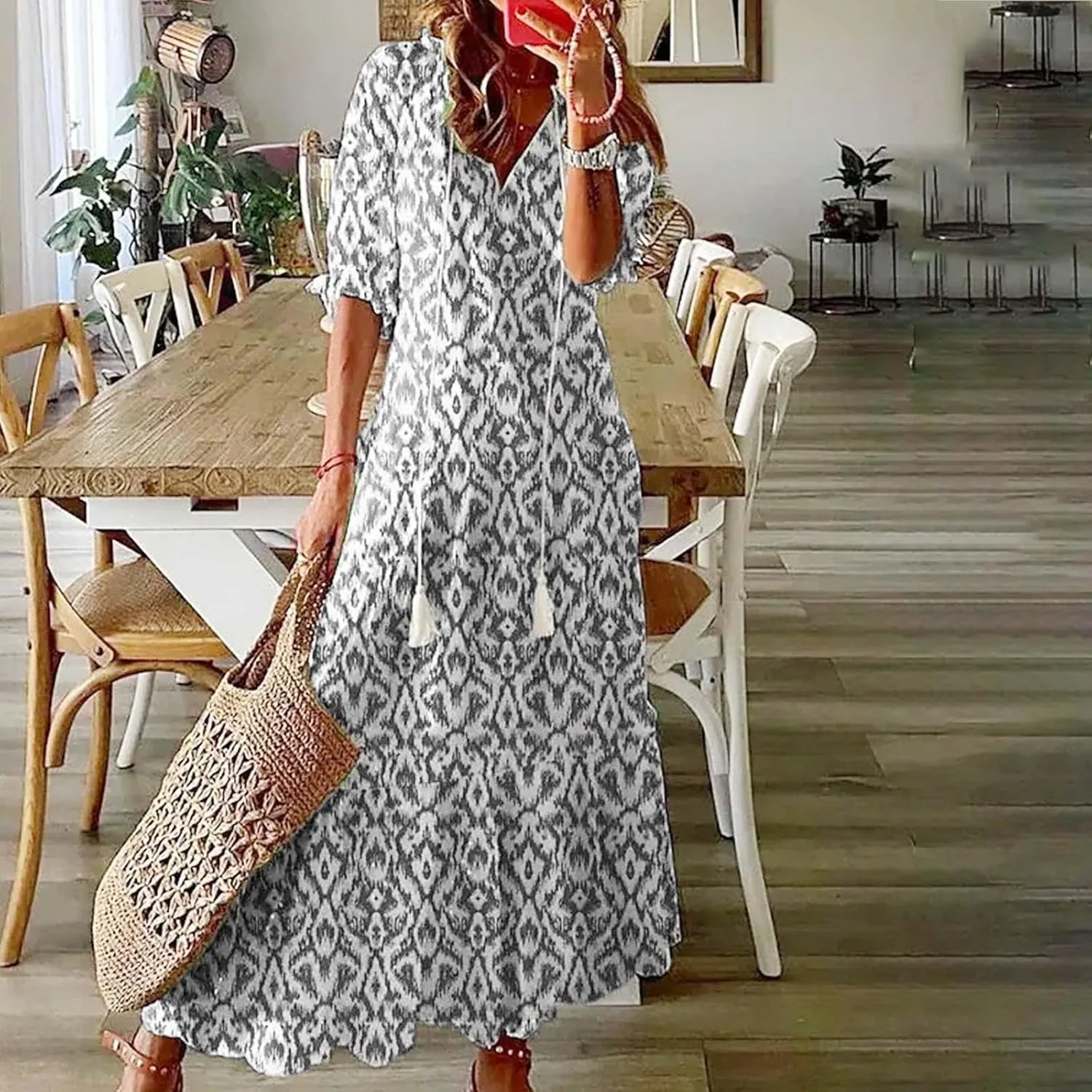 Womens Boho Flowy Maxi Dresses 2024 Summer V Neck Short Sleeve Bohemian Casual Beach Vacation Tropical Hawaiian Sundress