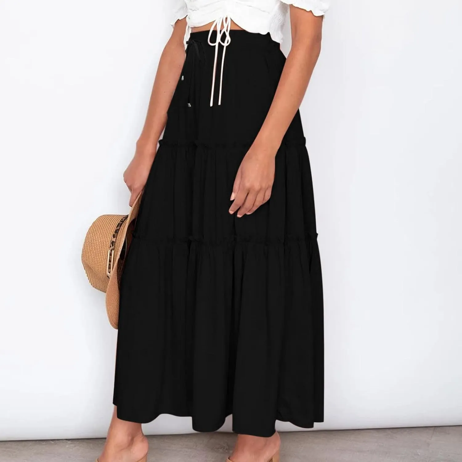 Women's Boho Long Skirts Summer Elastic High Waist A-Line Pleated Flowy Ruffle Hem Swing Beach Holiday Maxi Skirt