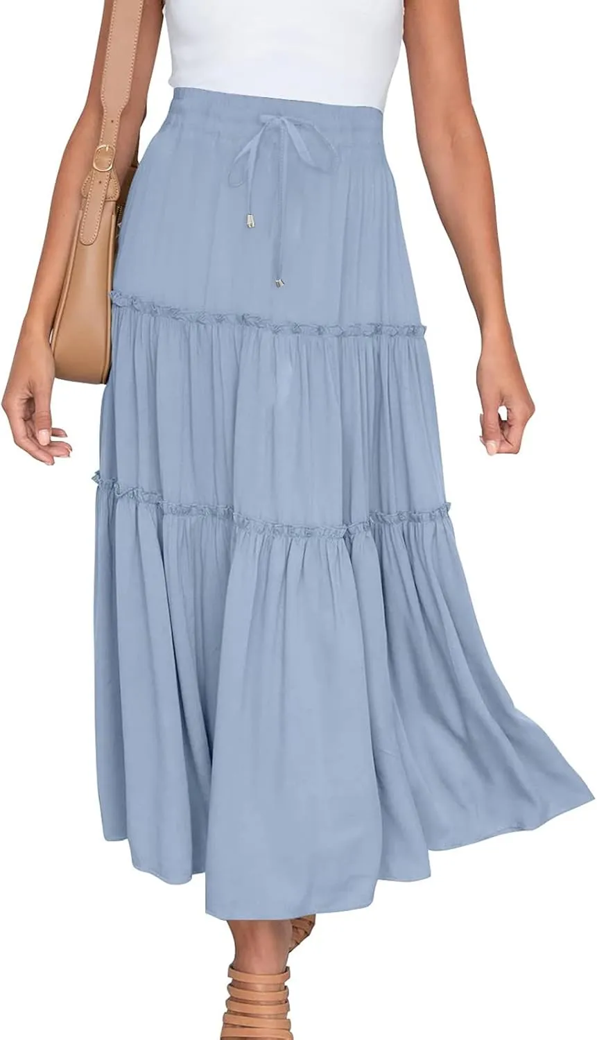 Women's Boho Long Skirts Summer Elastic High Waist A-Line Pleated Flowy Ruffle Hem Swing Beach Holiday Maxi Skirt