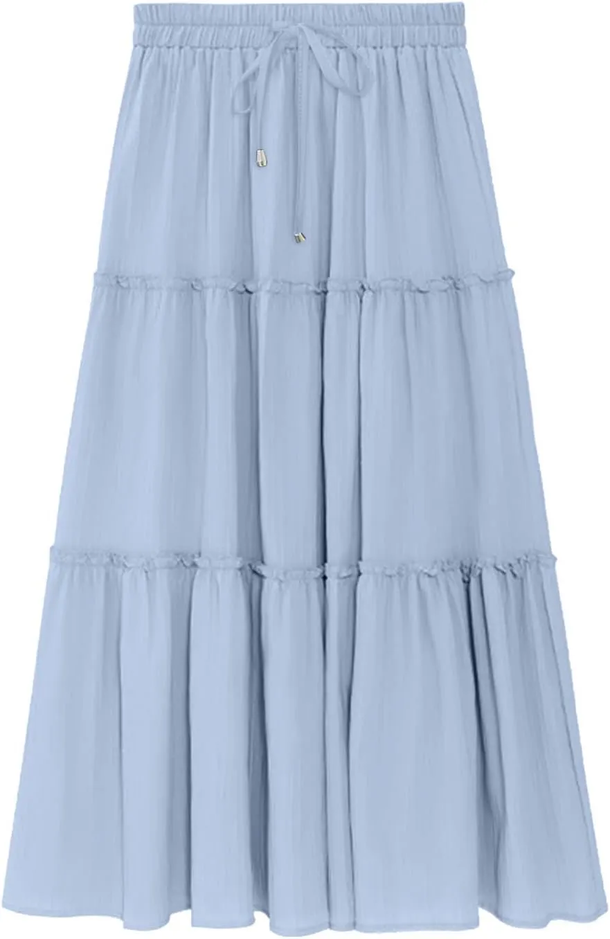 Women's Boho Long Skirts Summer Elastic High Waist A-Line Pleated Flowy Ruffle Hem Swing Beach Holiday Maxi Skirt