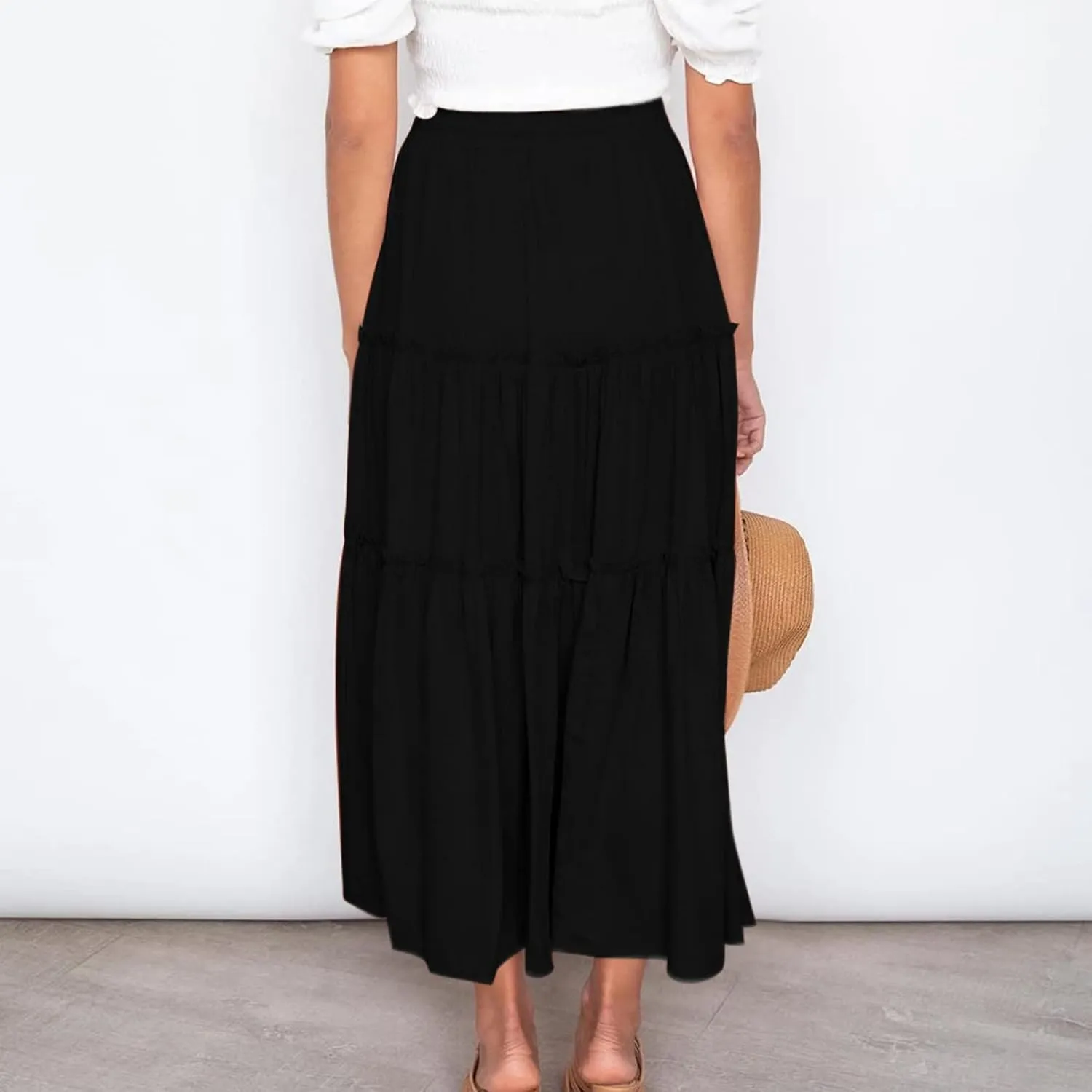 Women's Boho Long Skirts Summer Elastic High Waist A-Line Pleated Flowy Ruffle Hem Swing Beach Holiday Maxi Skirt