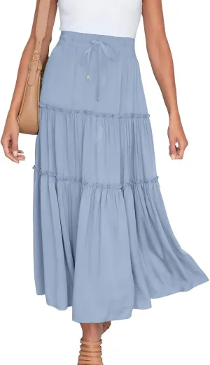 Women's Boho Long Skirts Summer Elastic High Waist A-Line Pleated Flowy Ruffle Hem Swing Beach Holiday Maxi Skirt