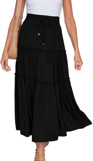 Women's Boho Long Skirts Summer Elastic High Waist A-Line Pleated Flowy Ruffle Hem Swing Beach Holiday Maxi Skirt