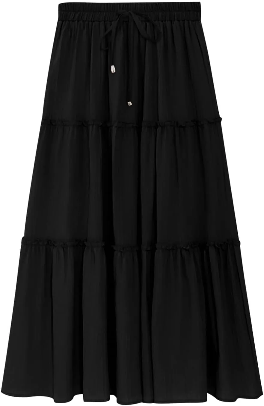 Women's Boho Long Skirts Summer Elastic High Waist A-Line Pleated Flowy Ruffle Hem Swing Beach Holiday Maxi Skirt