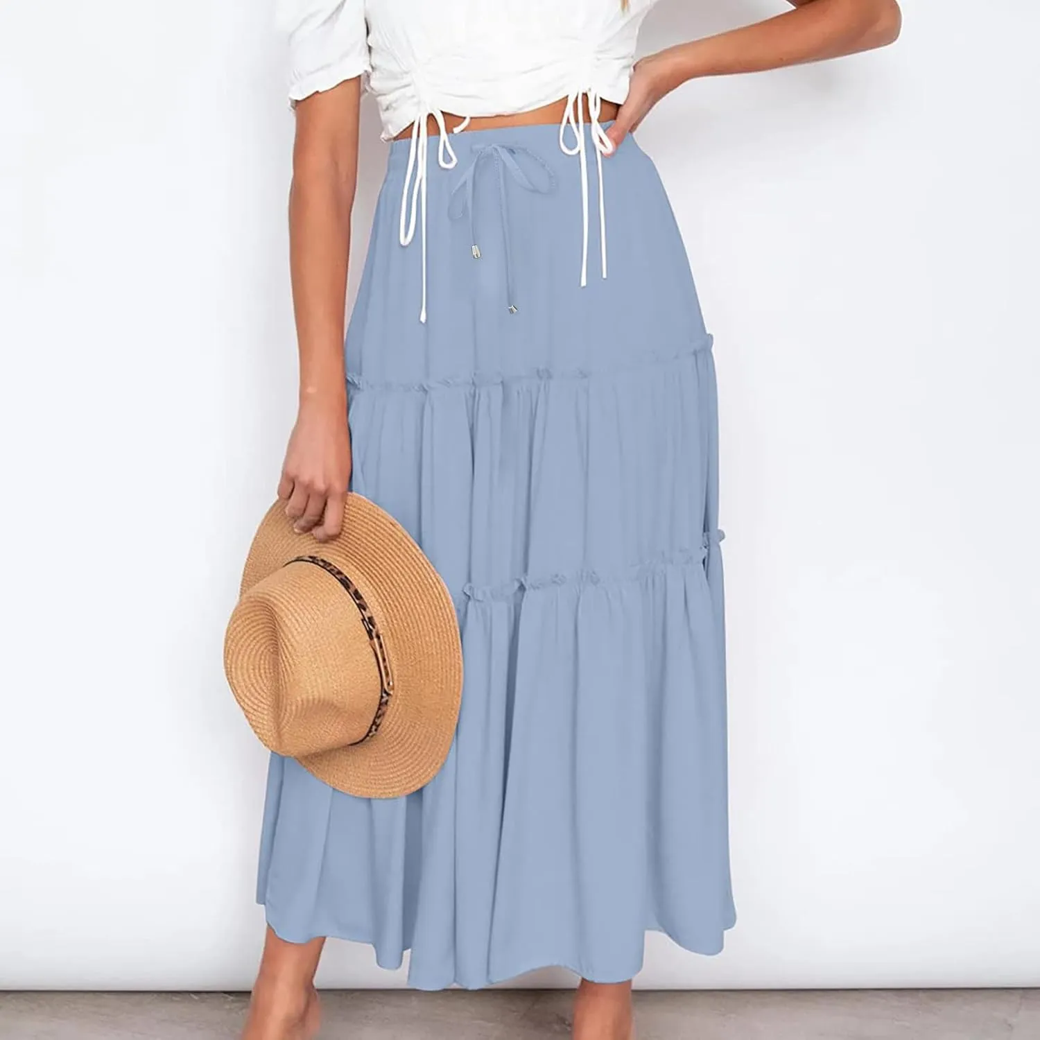 Women's Boho Long Skirts Summer Elastic High Waist A-Line Pleated Flowy Ruffle Hem Swing Beach Holiday Maxi Skirt