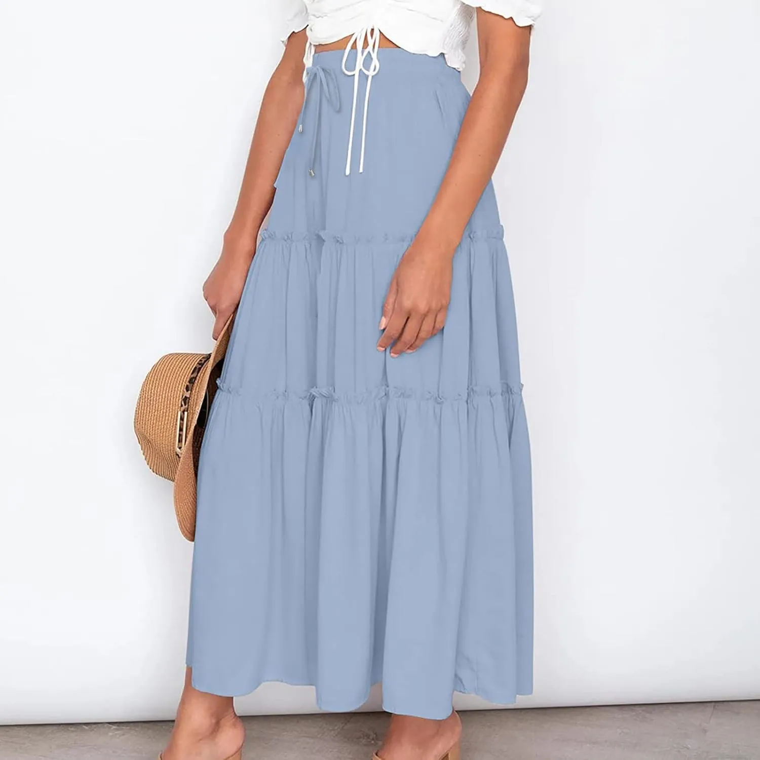Women's Boho Long Skirts Summer Elastic High Waist A-Line Pleated Flowy Ruffle Hem Swing Beach Holiday Maxi Skirt