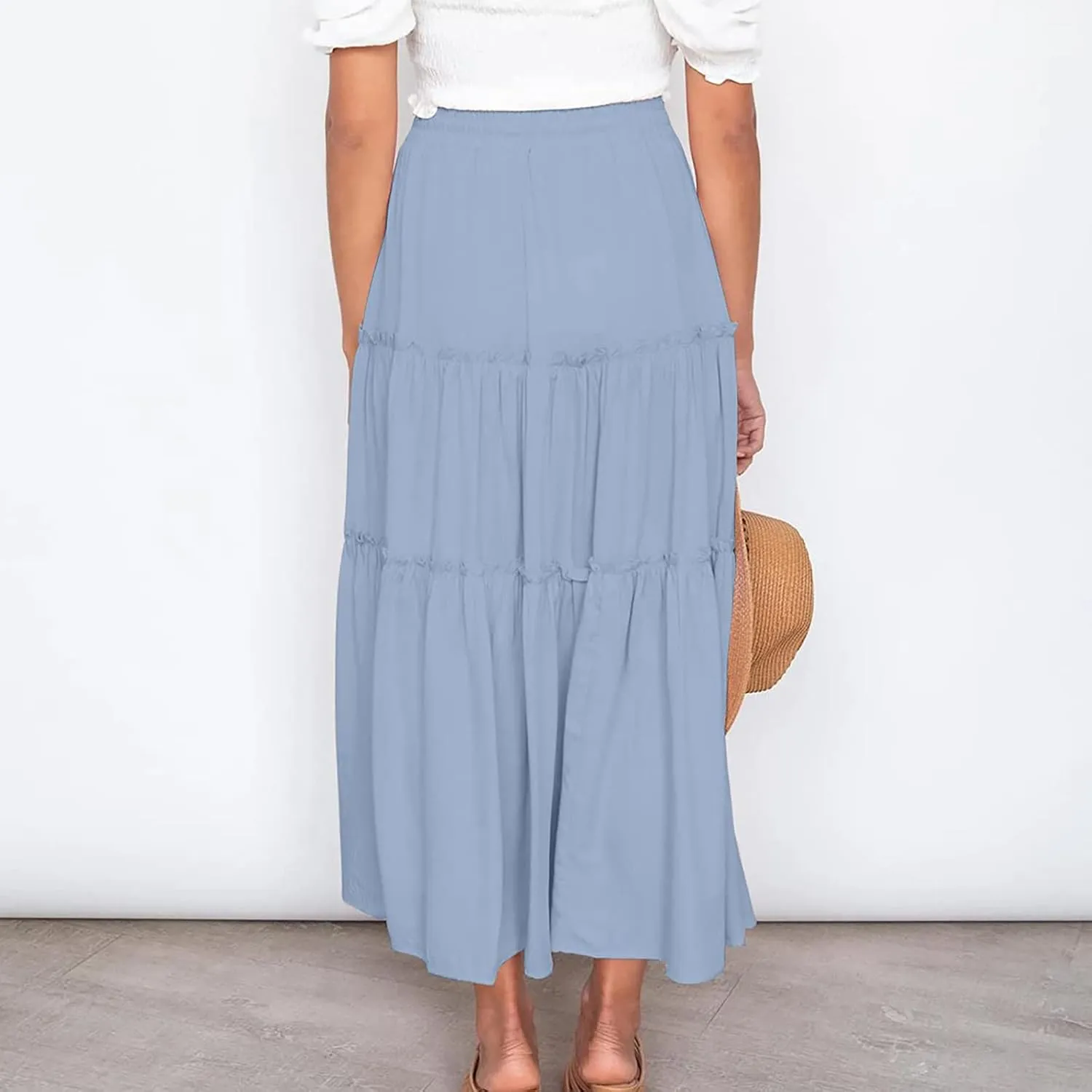 Women's Boho Long Skirts Summer Elastic High Waist A-Line Pleated Flowy Ruffle Hem Swing Beach Holiday Maxi Skirt