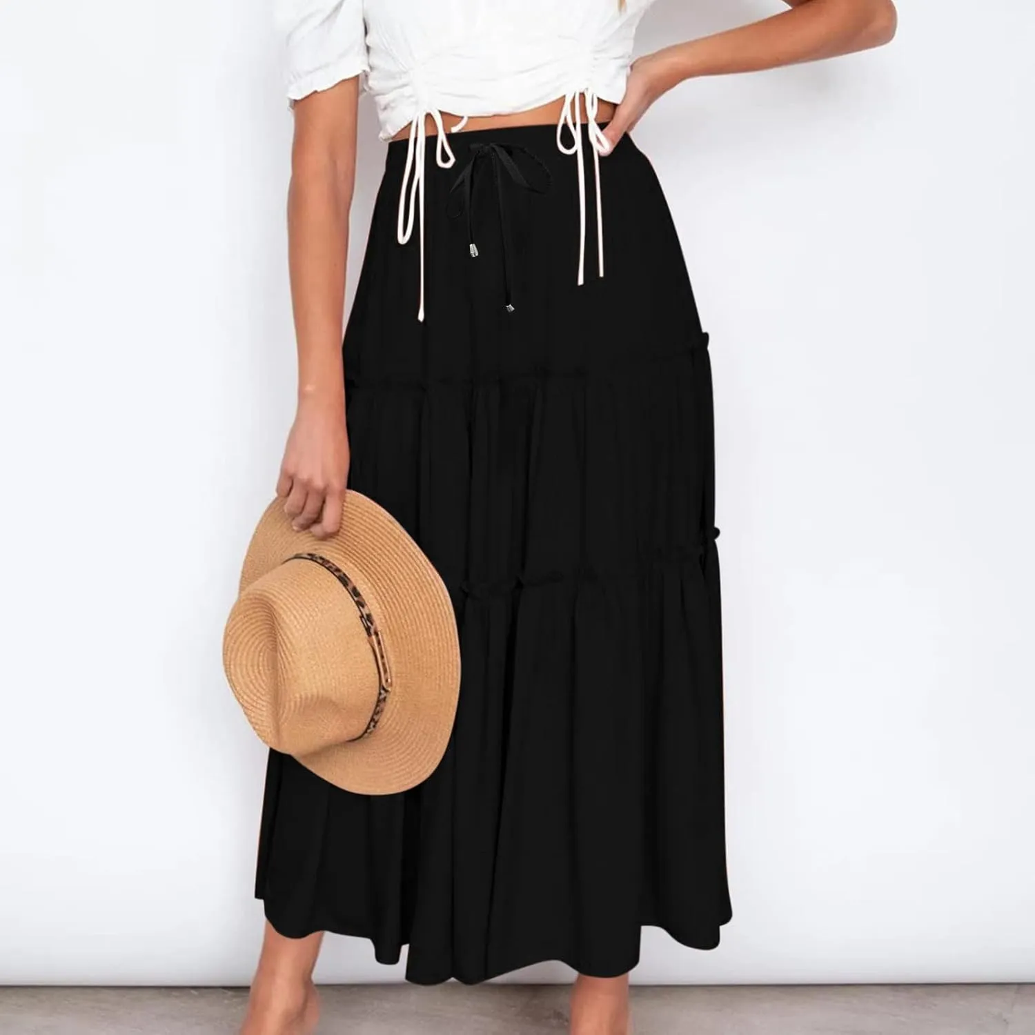 Women's Boho Long Skirts Summer Elastic High Waist A-Line Pleated Flowy Ruffle Hem Swing Beach Holiday Maxi Skirt