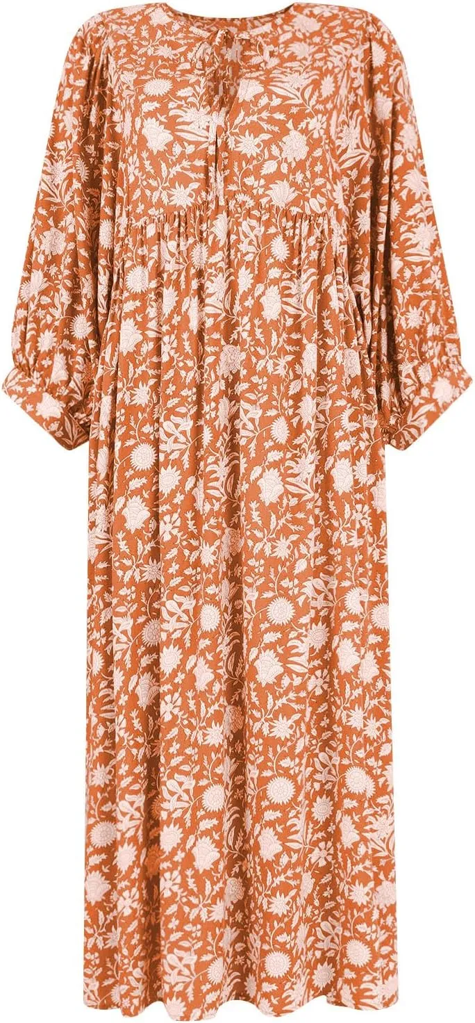 Womens Boho Maxi Dresses Summer Floral 3/4 Puff Sleeve Flowy Swing Tiered Long Beach Sundresses Vacation Outfits