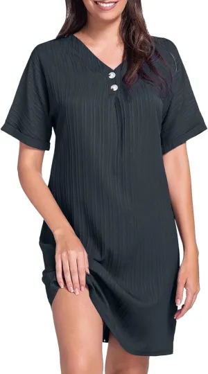 Womens Button Down Shirt Dresses Summer Cotton Linen Dress V-Neck Mini Dress Casual Short Sleeve Loose Tunic Dresses