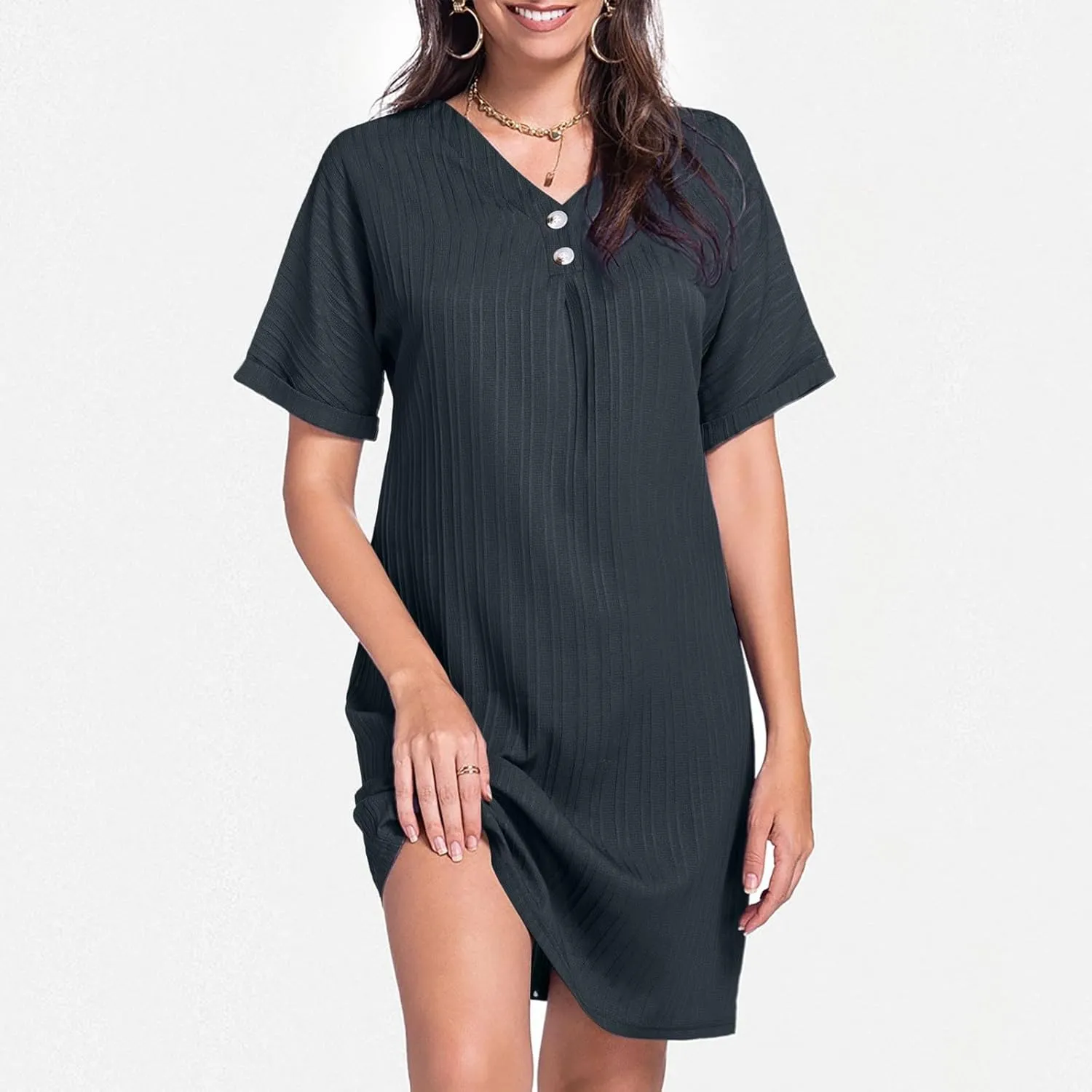 Womens Button Down Shirt Dresses Summer Cotton Linen Dress V-Neck Mini Dress Casual Short Sleeve Loose Tunic Dresses