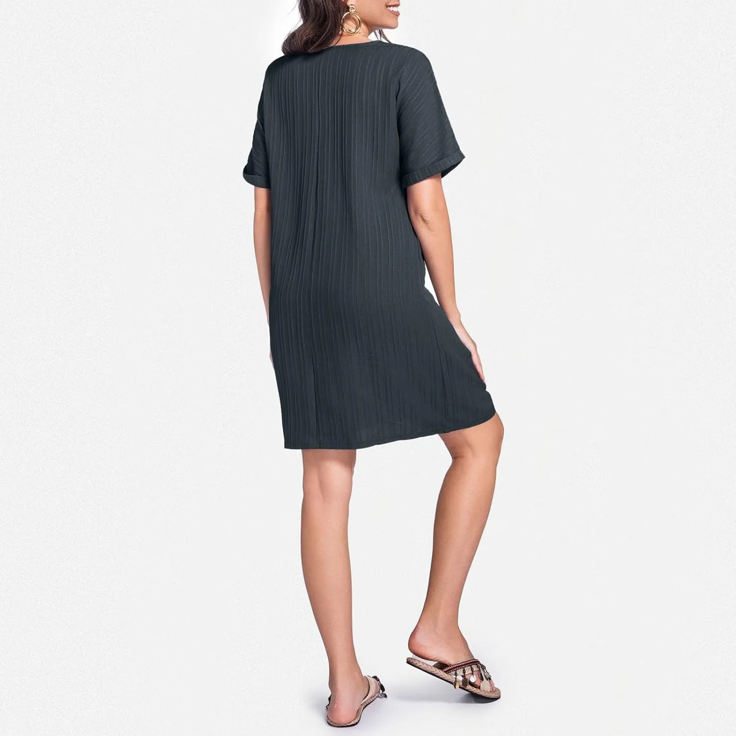 Womens Button Down Shirt Dresses Summer Cotton Linen Dress V-Neck Mini Dress Casual Short Sleeve Loose Tunic Dresses