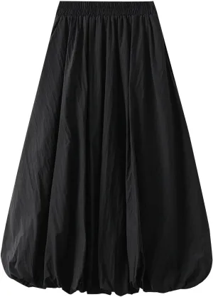 Womens Casual Boho Skirts Solid Lantern Skirt Trendy Pleated Elastic Waist Flower Bud A-line Skirt Beach Half Dress
