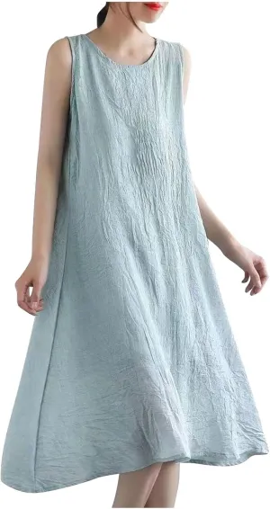 Womens Casual Cotton Linen Sleeveless Midi Dress Plus Size Loose Fit Flowy Tank Tops Dress Summer Beach Long Dresses
