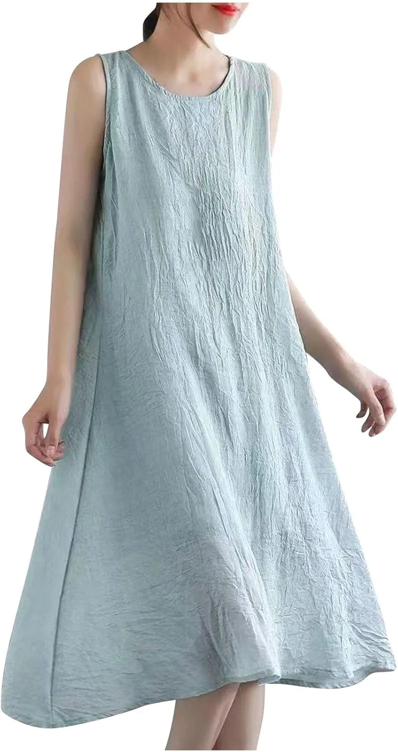 Womens Casual Cotton Linen Sleeveless Midi Dress Plus Size Loose Fit Flowy Tank Tops Dress Summer Beach Long Dresses