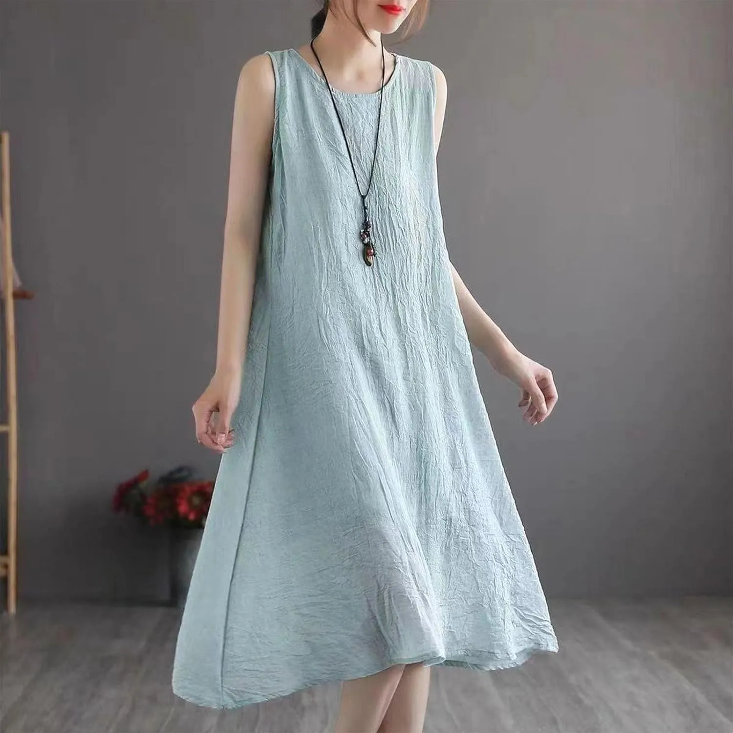 Womens Casual Cotton Linen Sleeveless Midi Dress Plus Size Loose Fit Flowy Tank Tops Dress Summer Beach Long Dresses