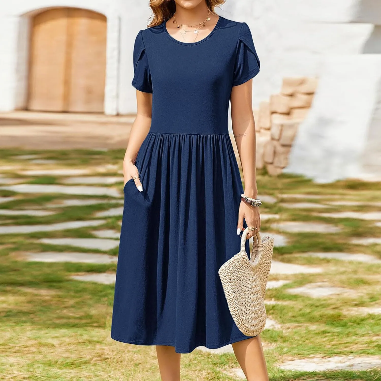 Womens Casual Dress for Summer Short Sleeve Pleated Dress Flowy Floral Beach Dress with Pockets A Line Midi Sundress