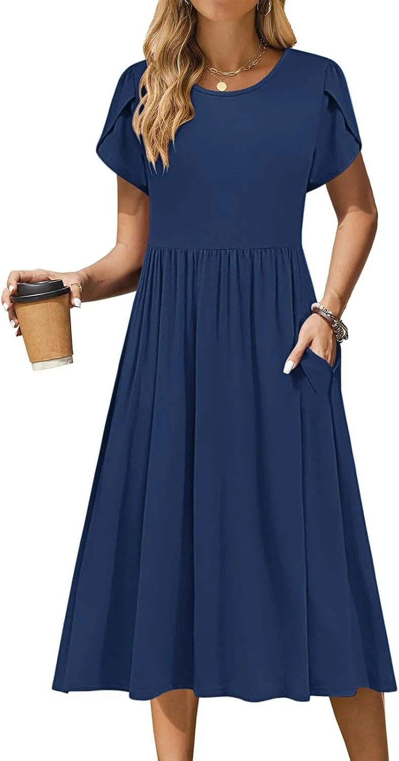 Womens Casual Dress for Summer Short Sleeve Pleated Dress Flowy Floral Beach Dress with Pockets A Line Midi Sundress