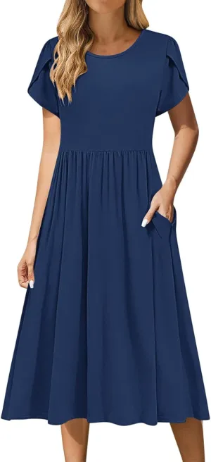 Womens Casual Dress for Summer Short Sleeve Pleated Dress Flowy Floral Beach Dress with Pockets A Line Midi Sundress