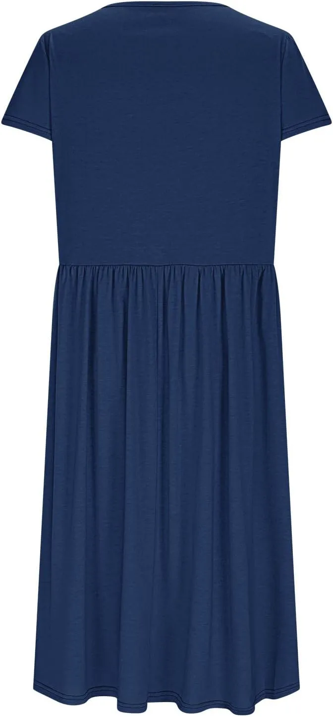 Womens Casual Dress for Summer Short Sleeve Pleated Dress Flowy Floral Beach Dress with Pockets A Line Midi Sundress