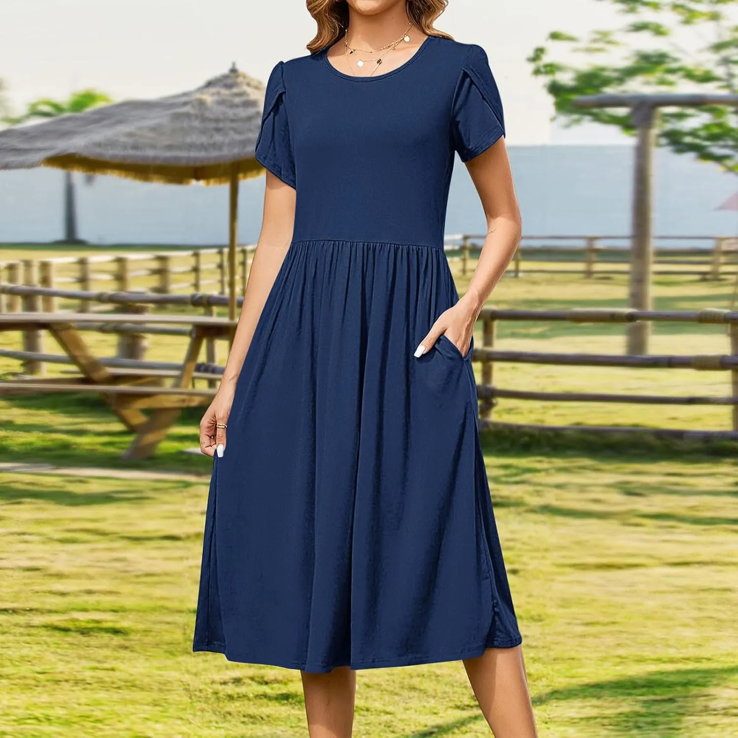Womens Casual Dress for Summer Short Sleeve Pleated Dress Flowy Floral Beach Dress with Pockets A Line Midi Sundress