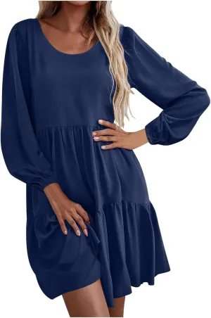 Women's Casual Dresses Fall Winter Lantern Long Sleeve High Waisted Ruffle Flowy Tiered Mini Dress Cute Babydoll Dress